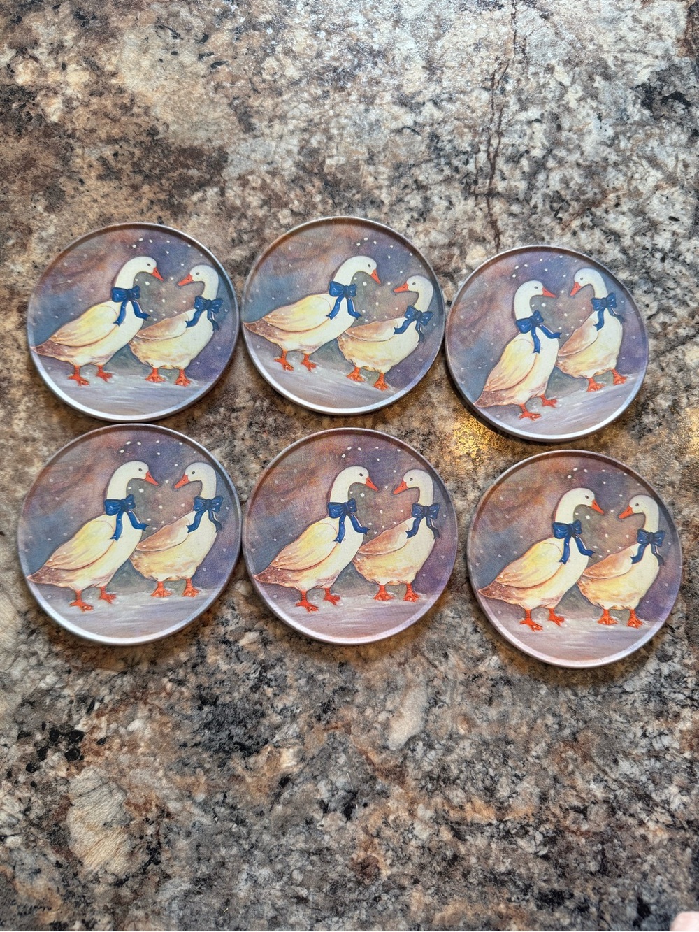 Set of 6 Decorative Duck Coasters with Blue Ribbon